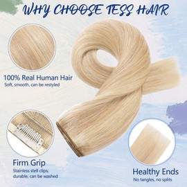 TESS Clip In Hair Extension 14 Inch,Hair Extensions Real Human Hair One Peice 5 Clips Straight Natural Hairpieces for Womens/Girls(#18/613 Ash Blonde & Bleach Blonde,14Inch)