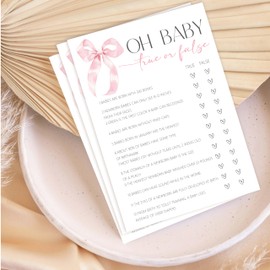 HandEasy Pink Bow Baby Shower Games for Girl, Baby Shower Trivia True Or False Game, 5 “x7-25 Pcs-B01