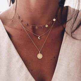 Yienate Boho Layered Coin Necklace Choker Gold Vintage Sun and Moon Neckalce Multilayer Crescent Moon Round Disc Pendant Necklace Jewellery for Women, Zinc, No Gemstone