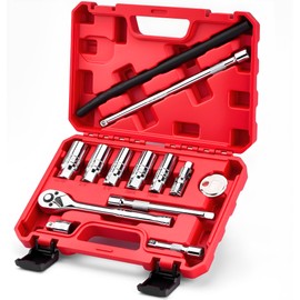 13pc 3/8" Spark Plug Socket Set with Installation Tube, 3/8" Drive Ratchet Wrench,3 Extension Bars(3",6",10")，Spark Plug Socket Sets, Gap Tool, U Joint,1/2" to 3/8" Adapter (13pcs)