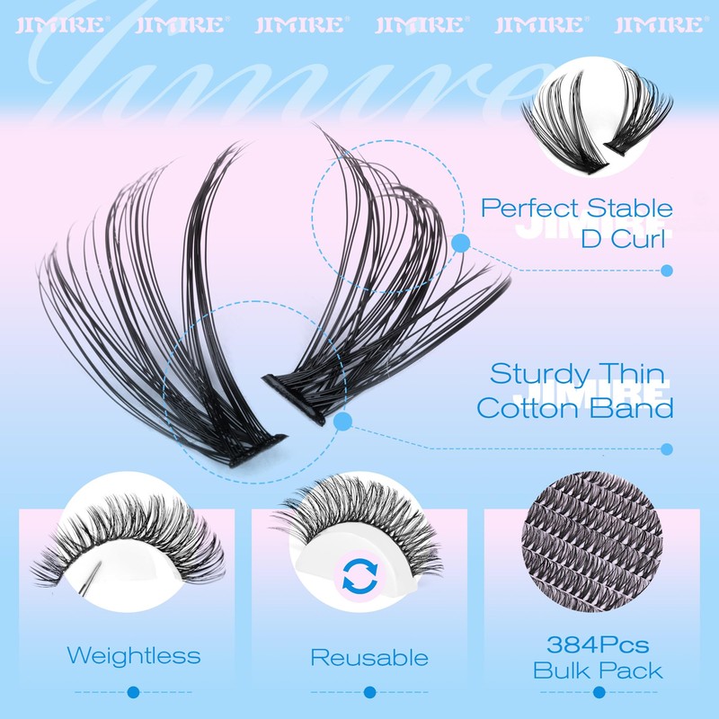 JIMIRE 384Pcs Cluster Lashes Kit 30D+40D Wispy Individual Eyelashes 10-16MM