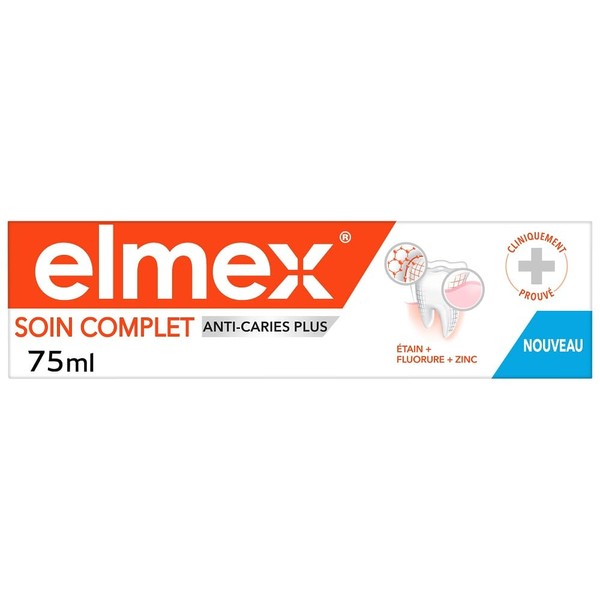 ELMEX - Dentifrice Elmex Anti-Caries Plus Soin Complet - Reminéralise l'Émail - Protège les dents sensibles et l'irritation des gencives - 75 ml