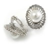 Oval Crystal Faux Pearl Bead Clip On Earrings in Silver