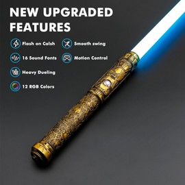 Borlvias Lightsaber Dueling Light Saber with 12 RGB Colors 16 Sound Fonts Smooth Swing Motion Control Force FX Lightsabers Cosplay Props(1 Pack, Gold)