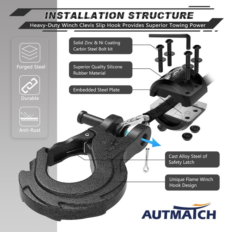 AUTMATCH Winch Hook 3/8" - Clevis Slip Hook with Safety