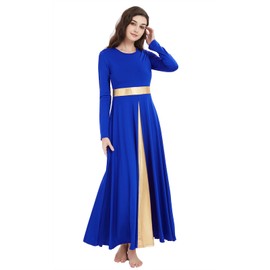 ZYACTU Long Sleeve Praise Dance Dress for Women Metallic Liturgical Worship Dance Costumes Lyrical Costume Church Robe Tag L-Royal Blue