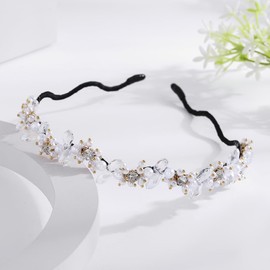 Formery Pearl Crystal Headband White Wave Crystals Hairband Wedding Party Prom Beaded Headpiece Accessories for Women and Girls