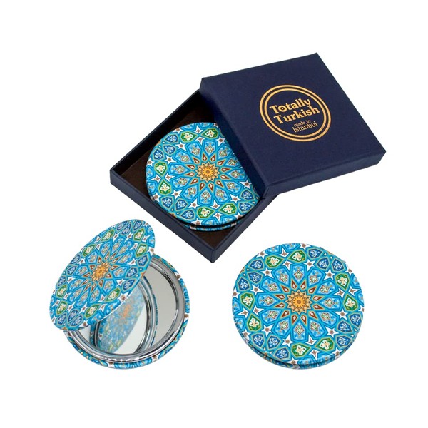 Totally Turkish Compact Cosmetic Makeup Compact Mirror Hand Mirror with Magnification with Box - Gift for Her - Mandala, Mediterranean, Sky Blue