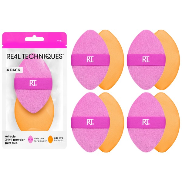 Real Techniques 4 Pack Miracle 2-In-1 Powder Puffs, Dual-Sided Makeup