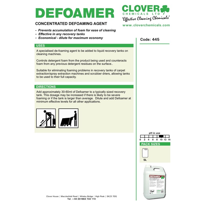 Clover Chemicals 445 Defoamer Concentrated Defoaming Agent, 5 L