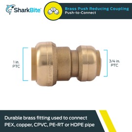 SharkBite 1 Inch x 3/4 Inch Reducing Coupling, Push to Connect Brass Plumbing Fitting, PEX Pipe, Copper, CPVC, PE-RT, HDPE, U060LFA