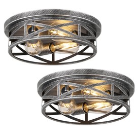 WYNEYET Close to Ceiling Light Fixtures, 3-Lights Cage Flush Mount Ceiling Light, Black and Silver Farmhouse Metal Semi Flush Mount Ceiling Light for House Hallway Kitchen Bedroom, 2 Pack