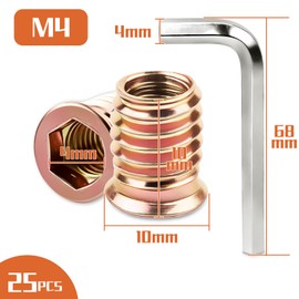TXXATX Screw-in Nut Wood M4 x 10 mm Threaded Insert Wood Pack of 25 Screw-In Sleeve M4 Screw-In Nuts Galvanised Hex Screw Sleeve Hexagonal Nuts for Wooden Furniture Shelves Workbenches Garden