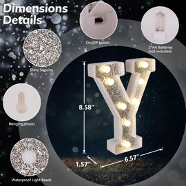 TEHIBIEN Marquee Light Up Letters, Glitter Silver LED Letter Lights Battery Powered Alphabet Letter Sign for Night Light Wedding Birthday Party Cafe Bar Decoration Girls Room Decor - Letter Y