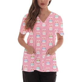 Women's V-Neck Short Sleeve Funny Bunny Printed Holiday Rabbit Scrub Tops PWYA M