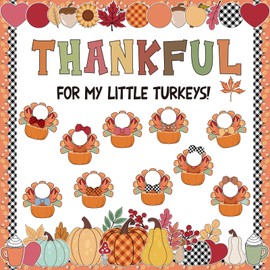Mooliwe Thanksgiving Turkey Bulletin Board Set Thankful for My Little Turkeys Cutouts Fall Pumpkin Accents Photo DIY Bulltin Board Decoration with Autumn Leaves Borders for Classroom School Home Wall