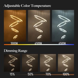 AstroLuominate Dimmable Crystal LED Chandelier(3000-6500K) for High Ceiling – Remote Control, Adjustable Height, Modern Stainless Steel Fixture for Foyer, Staircase, Living Room(Chrome 4-Ring)