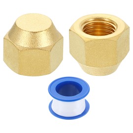 sourcing map 2Pcs 1/4" Tube OD Brass Flare Cap, 7/16"-20 UNF Female Thread 45 Degree Flared SAE Hex Pipe Fitting, Seal Tube Fittings with Tape for Air Conditioner Pipe Extension Water Gas Line