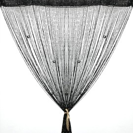 String Curtain Panel, Glitter Door Wall Window Doorways Panel Fly Screen Fringe Room Divider Blinds, Decorative Tassel Ribbon Strip Silver Screen for Living Room, Bedroom, Party Event (Black)