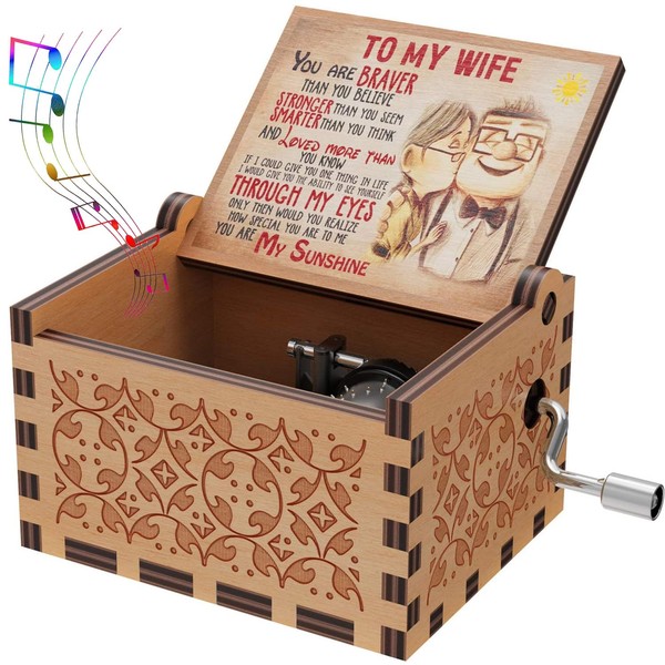 Wooden Music Box for Wife,Memorable Gift from Husband to My Wife,Hand Crank Tune You Are My Sunshine,Laser Engraved Wood Musical Box,Vintage Gift to Wife on Valentine’s Day,Birthday,Anniversary