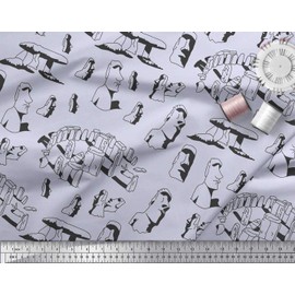 Soimoi Blue Rayon Fabric Easter Island Statue Face Print Fabric by The Yard 42 Inch Wide