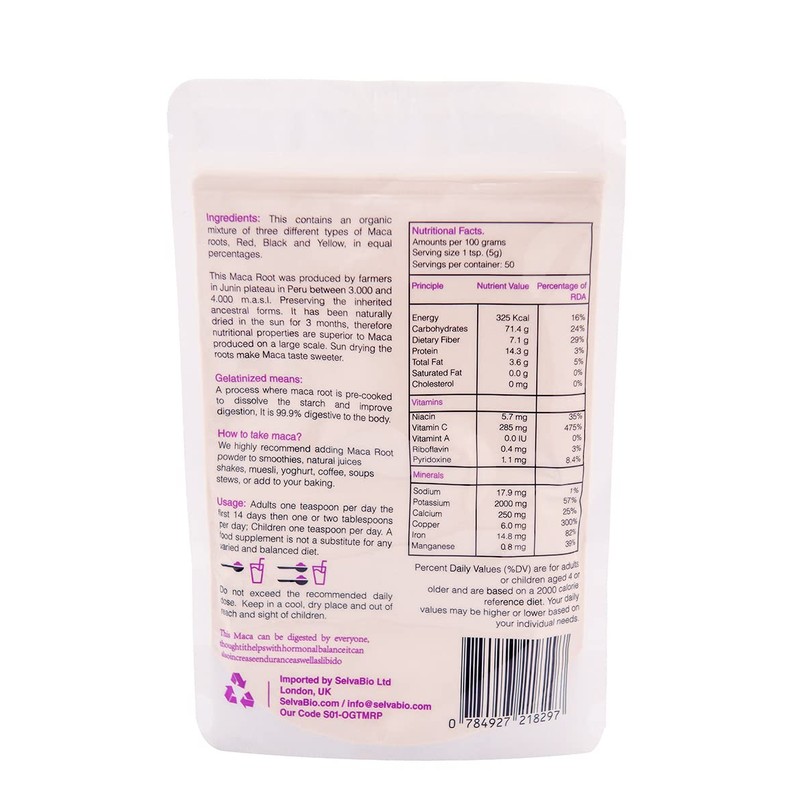 Triple Maca Root Powder, Organic Gelatinized, Certified, 250g from Peru,