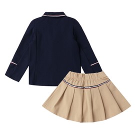 Mud Kingdom Big Girls Badge Blazer Skirt Set Long Sleeve with Bowtie Navy Blue and Pleated Plaid Skirt Khaki School Uniform Size 10-12