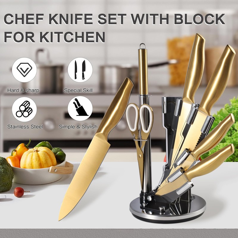 Gold Knife Set，8Pcs Golden Titanium Stainless Steel Dishwasher Safe Kitchen
