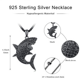 KiiKii Shark Necklace 925 Sterling Silver Shark Pendant Chain Ocean Necklace Shark Jewelry Gifts for Animal Lovers Women Men, 32mm, Sterling Silver, No Gemstone