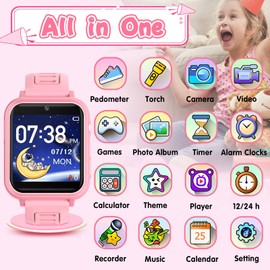 LITEYPP Kids Smartwatch, Toy for Boys and Girls Ages 3-13 with 24 Games, Camera, Music Playback, time Display, Video and Audio Recording Features and More (Pink)