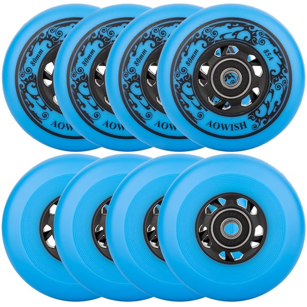 AOWISH Inline Skate Wheels 85A Outdoor Asphalt Formula Hockey Roller Blades Replacement Wheel with Bearings ABEC-9 and Floating Spacers (8-Pack) (Blue, 76mm)