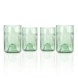 Rolf Glass Upcycled Tina Turtle Green Glass Tumbler | Recycled Glassware | Made in the USA | Etched Sea Turtle Design | Eco-Friendly Repurposed Bottles | Coastal Drinkware | Set of 4