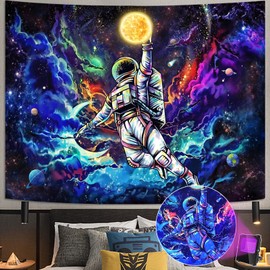 kampdream Blacklight Astronaut Space Tapestry, UV Reactive Galaxy Universe Planet Glow in Dark Tapestries for Men, Boys and Teens Cool Poster 68×90 inch
