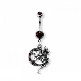 Pierced Owl 14GA 316L Stainless Steel Purple CZ Crystal Crescent Moon and Dragon Dangling Belly Button Ring (Silver Tone)