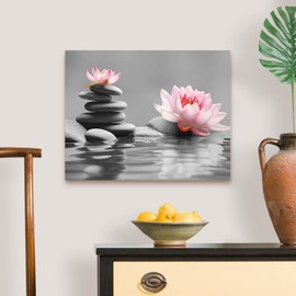 Zen Stone Wall Art Decor Spa Stone Pink Lotus Canvas Prints Nature Still Life Water Lily Floral Painting Modern Spiritual Yoga Spa Artwork for Home Office Bathroom Bedroom Decoration 11x14 Inches