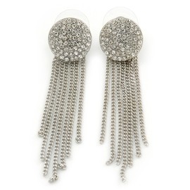 Silver Tone Clear Crystal Pave Set Button with Multi Chain Drop Earrings/ 60mm L
