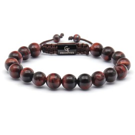 GT collection Men's Red Tiger Eye Beaded Bracelet, Adjustable Natural Gemstone Bracelet for Men