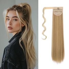 Dcbaboo 55 cm Ponytail Extension, Ponytail Hairpiece, Braid Extensions, Straight, Long Wrapped Ponytail Hair Extension, Synthetic Clip-In Fake Braid, Straight Hair Extension, Light Blonde & Sandy