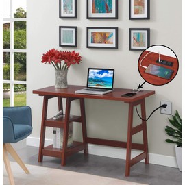 Convenience Concepts Designs2Go Trestle Desk with Charging Station and Shelves, Cherry