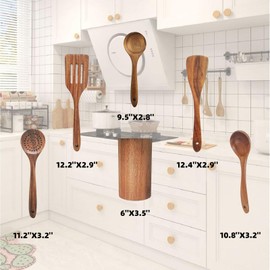 Wooden Kitchen Utensils Set, Teak Wood Cooking Spoons for Non-Stick Pans, 6 Pieces