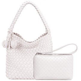 DSGUTWO Woven Top Handle Handbag for Women, Small Hobo Bag with Mini Purse, Travel Beach Tote, Designer Handmade Shoulder Bucket Bag (Off-white), Off-white