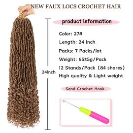 24 Inch Goddess New Faux Locs Crochet Hair With Curly Ends 7 Packs Soft Locs Crochet Braids Pre-looped Strawberry Blonde Goddess Locs Curly Wavy Synthetic Nu Locs for Women (12Strands/pack 27#)