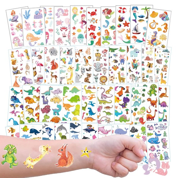 Children's Tattoo, 40 Sheets Dinosaurs Mermaid Sea Life Forest Animals Temporary Tattoos Cartoon Tattoos Sticker Set for Boys Girls Birthday Party Bag Gift Party Decoration