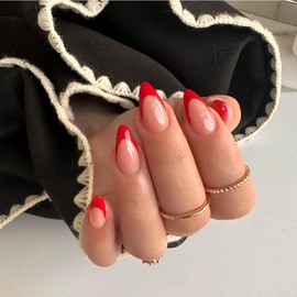 KQueenest 30 Pcs Red French Tip Press on Nails Short Almond Nails Acrylic, Medium Natural Nude Fake Nails Press ons, Classic Glue on Nails Short Stick on Nails for Women Daily Wear