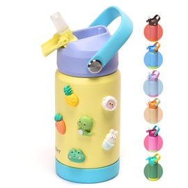 pluseight Kids Insulated Water Bottle with Straw Lid, 12 oz BPA-Free Double Wall Vacuum Tumbler 18/8 Stainless Steel Leak Proof Kids Cups with Straw for School Travel Boys Girls (Yellow)