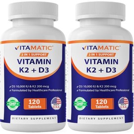 Vitamatic Vitamin D3 K2 Supplements with 10,000 IU Vitamin D + 200mcg Vitamin K MK-7, 120 Tablets Bone, Heart, Immune, & Calcium Support - 2 Pack