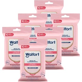 Walfort Toallas Desmaquillantes con Agua Micelar, Limpieza Facial 3 en 1: Limpian, Desmaquillan e Hidratan (6 pack de 10 Piezas)