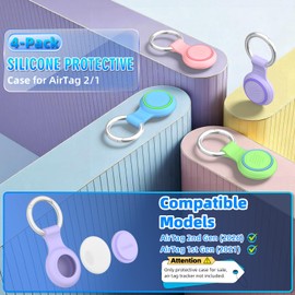 [4-Pack] Silicone Case for AirTag 2 & 1, Waterproof Air Tag Holder with Key Ring Full Coverage Protective Cover Hidden AirTags Holder for Kids Backpacks, Keys, Luggage, Pet Collars (4 Color)