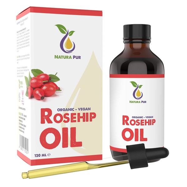 Rosehip Oil Organic 120 ml (Wild Rose Oil) - 100% Cold Pressed Vegan in Glass Bottle - Rose Hip Seed Oil for Face, Body, Hair, Skin, Hands, Scalp