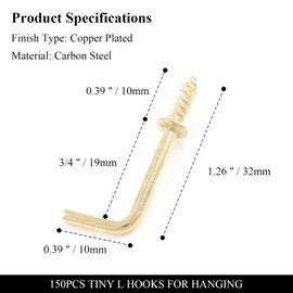 Bivethoi 150pcs Tiny L Hooks for Hanging, Mini Right Angle Screw Hooks 3/4 Inch Square Bend Hooks, Gold L Shaped Hooks 90 Degree Screw Hooks, 7 Shape Hook Self Tapping Screw Hooks Metal Screw in Hooks